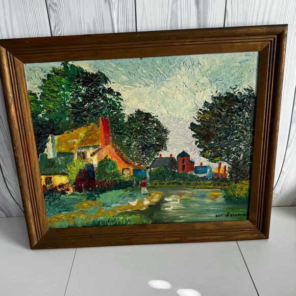 Hobbyist Original Framed Landscape Oil Painting Artist 19 x 22 Farm Lake Ducks - Picture 1 of 8